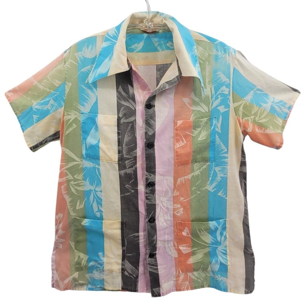 Vintage 70s Handmade Hawaiian Shirt Floral Tropical Surf Disco Beach 4 pocket